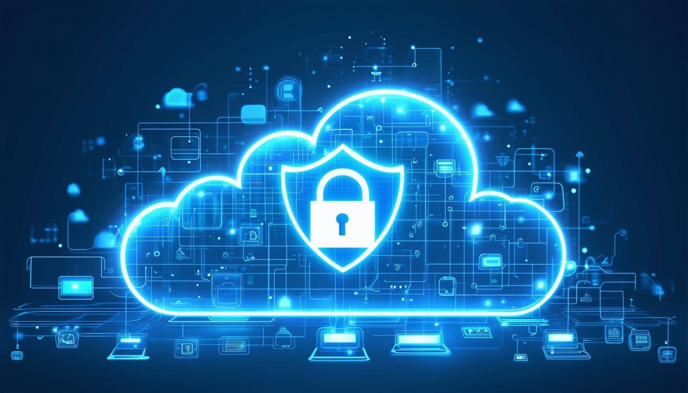 A cloud with a secure shield or lock symbol on top, surrounded by various digital devices desktop, mobile, etc-2