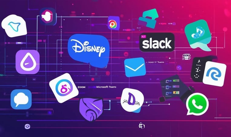 An image of a data breach involving major communication platforms such as Disney Slack, Zoom, Microsoft Teams, WhatsApp, and Discord,-1-1